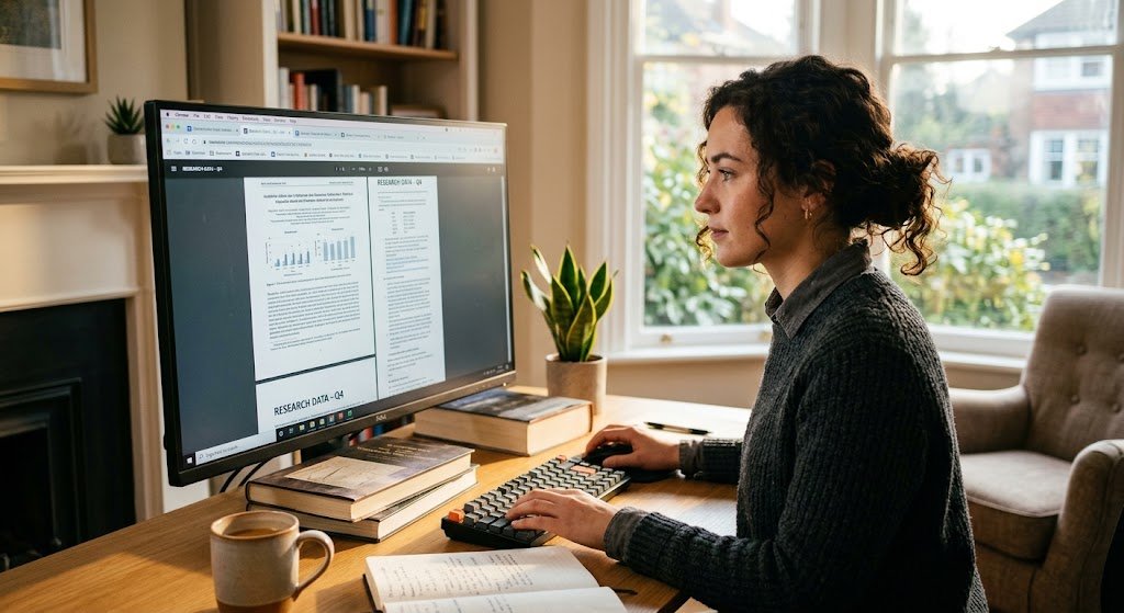 Pessoa pesquisando informações e referências em um computador