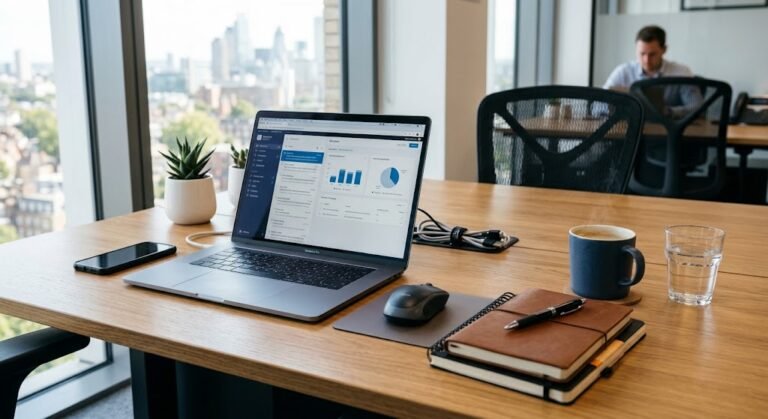 Mesa de trabalho com notebook para escrita, planejamento e tarefas com inteligência artificial
